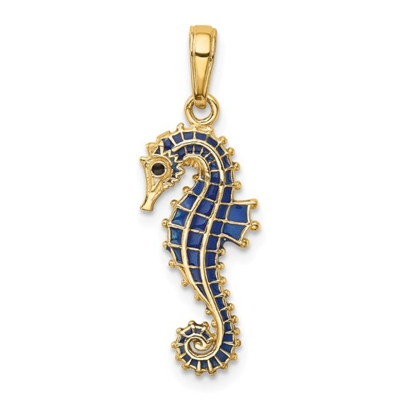14k Yellow Gold 3-D Blue Enameled Seahorse Necklace Charm Pendant 25mm x 10mm - Picture 1 of 4